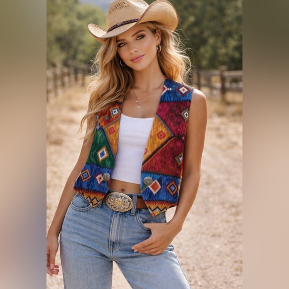 Jackets & Blazers - Wraps Western lightweight Native Aztec Vest Size M Brown Blue Open Wraps TC1
